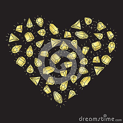 Gold color gemstones heart on a black background. Cartoon hand drawing. Isolated vector illustration. Vector Illustration